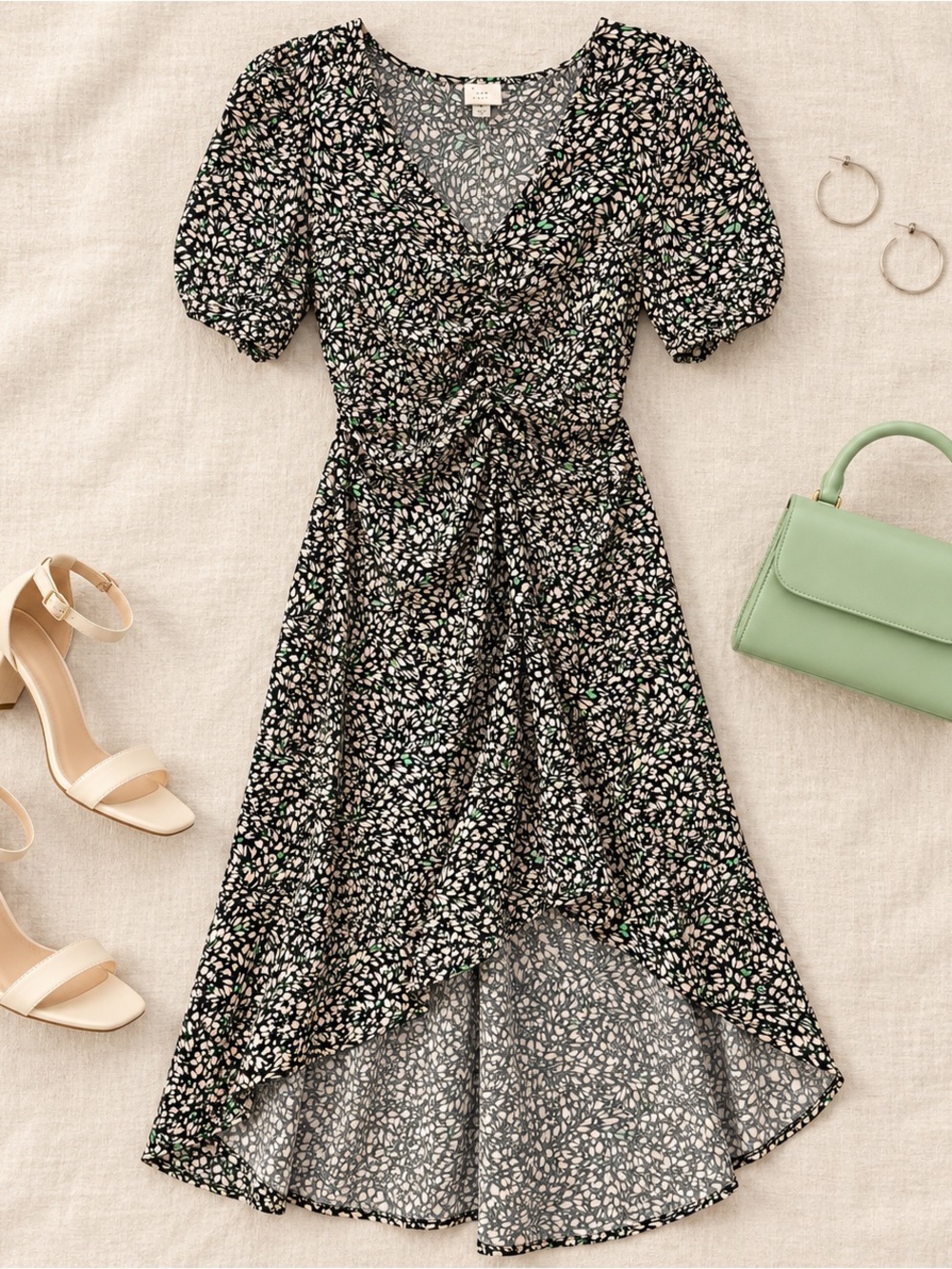 a new day Black Floral High-Low V-Neck Dress with Cream and Green Accents